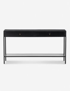 a black console table with two drawers on one side and an open shelf at the top