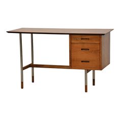 a wooden desk with two drawers and metal legs