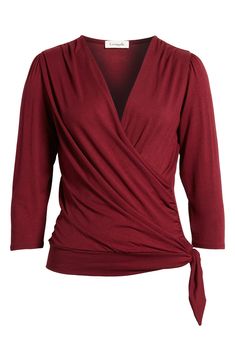 Loveappella Faux Tie Wrap Top | Nordstrom Wrap Blouse Diy, Wrap Shirt Outfit, Burgundy Clothing, Burgundy Clothes, Tie Wrap Top, Belted Top, Simple Wardrobe, Surplice Top, Belt Top