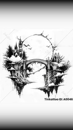 a black and white drawing of a bridge over water with castle in the sky behind it