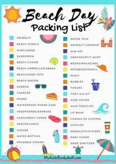 the beach day packing list is shown