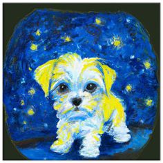 a painting of a small white dog sitting in front of a blue and yellow background