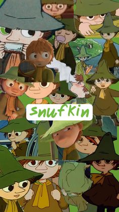 an image of many different cartoon characters with the words smufkin on them in green