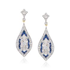 Ross-Simons - C. 1980 Vintage 1.26ct t. w. Diamond, 1.12ct t. w. Sapphire Filigree Drop Earrings. C. 1980. From our Estate collection, these dazzling drop earrings bring the glamour of yesterday to today. Beautiful teardrops are bedecked by 1.26 ct. t. w. round and round Old European-cut diamonds and enriched by 1.12 ct. t. w. square sapphires. Finely crafted in polished 14kt yellow and white gold with fanciful filigree details. Hanging length is 1 1/2". Post/clutch, sapphire and diamond drop ea Art Deco Wedding Earrings With Brilliant Cut, Classic Bridal Earrings With Pave Setting For Anniversary, Classic Bridal Earrings With 17 Jewels For Anniversary, Art Deco Diamond Earrings For Anniversary, Classic Pear-shaped Earrings With Pave Setting, Art Deco Brilliant Cut Wedding Earrings, Sapphire Color Drop Earrings With Brilliant Cut, Art Deco Drop Diamond Earrings For Anniversary, White Art Deco Earrings For Anniversary