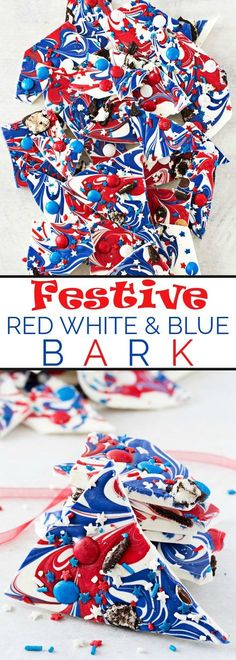 red, white and blue paper plates are stacked on top of each other with confetti