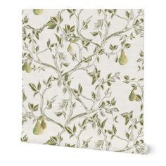 a white wallpaper with pears and leaves on it's side, in front of a white background