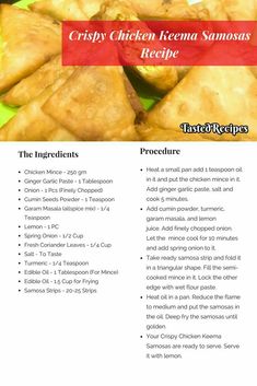 the recipe for crispy chicken tegena samosas is shown in red