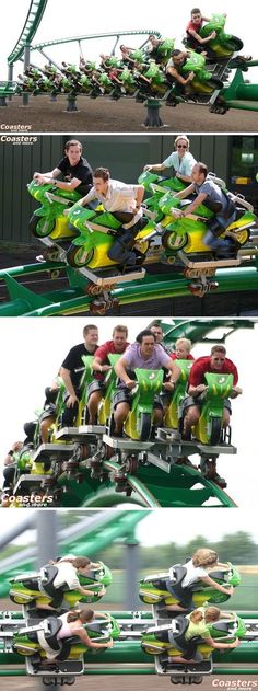 people are riding on roller coasters at an amusement park in the day and night