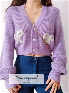 Women Lavender V Neck Fluffy Cropped Cardigan with Sequin Butterfly Details Affordable Purple Trendy Cardigan, Cute V-neck Fall Sweater, Trendy Purple V-neck Cardigan, Lavender V-neck Cardigan For Fall, Trendy Lavender Sweater For Fall, Trendy Lavender Fall Sweater, Purple V-neck Knitted Cardigan, Purple Knitted V-neck Cardigan, Trendy Lavender Winter Sweater