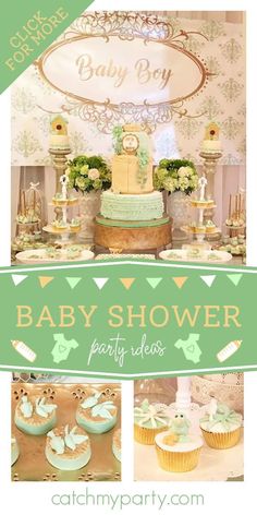 a baby shower party with cupcakes and cakes