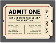 a ticket for an event with the words admit one on it