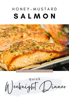 grilled salmon on a grill with text overlay that reads, honey - mustard salmon quick weight dinner