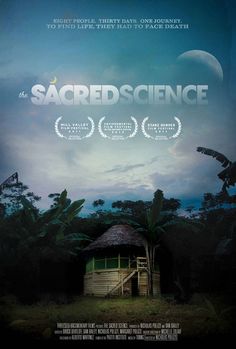 the movie poster for the sacred science starring an image of a hut with palm trees and a full moon in the background