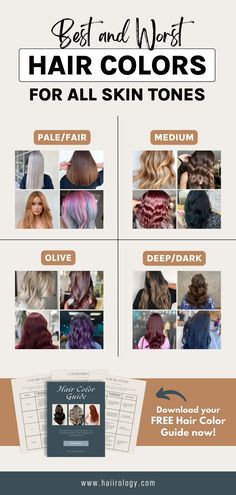 Are you tired of experimenting with different hair colors that don't complement your skin tone? Look no further! My free hair color guide offers expert advice on the best and worst hair colors for all skin tones, including pale/fair, medium, olive, and deep/dark. Whether you're looking to go blonde, red, brunette, or try a unique color, my guide will help you find the perfect shade for your skin tone. Download now and say goodbye to bad hair days forever! Olive Skin Tone, Different Hair Colors, Olive Skin