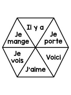 four hexagonals with the words je, iya, manage, porte, je vois, jame written in different languages