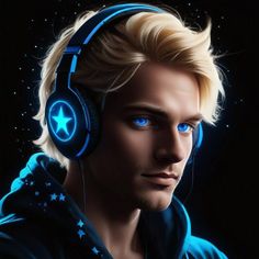 a man wearing headphones with blue eyes and stars on the ear, in front of a black background