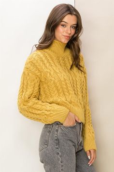 High neck cable knit sweater. NOTE: If your size is not available, please register your email in EMAIL ME WHEN AVAILABLE link. Yellow Pullover Outfit, High Neck Outfit, High Neck Pullover, Pullovers Outfit, Mustard Sweater, Flirty Tops, Fall Fit, Yellow Outfit, Thick Sweaters