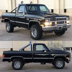 two pictures of the same truck in different stages of being restored, and then painted black