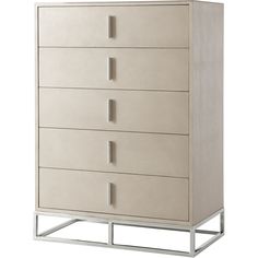 a white dresser with five drawers and metal legs on it's sides, against a white background