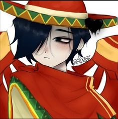 an anime character with black hair wearing a red outfit and a sombrero