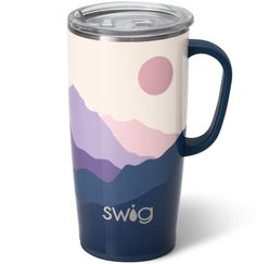 a blue and white travel mug with the word swig on it's side