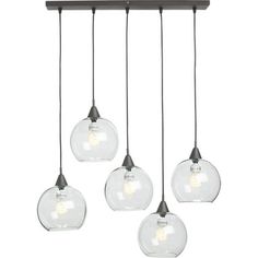 four clear glass globe lights hanging from a ceiling