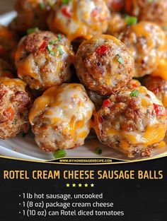 a plate full of cheese balls with the words hotel cream cheese sausage balls on it