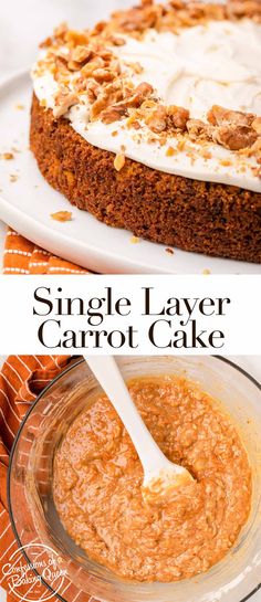 a single layer carrot cake on a white plate with a serving spoon in the middle