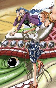 two women riding on the back of a green and white dragon with their arms around each other