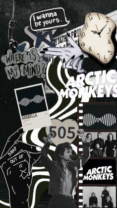 an advertisement for arctic monkeys with various stickers and pictures on the back of it