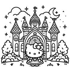 hello kitty castle coloring pages for kids to print out and color on the page,