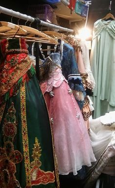 several dresses are hanging on racks in a store