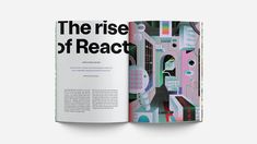 an open book with black and white text on it, which reads the rise of react