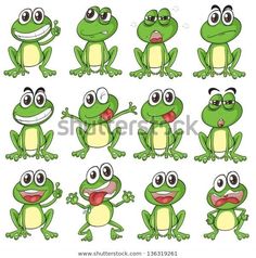 cartoon frog with different expressions on white background stock photo - image 349784