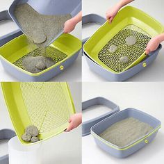 four pictures showing how to clean a litter box with sand in it and the steps