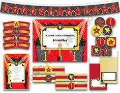 a birthday party with red and gold decorations, stars and stripes on the banner is shown