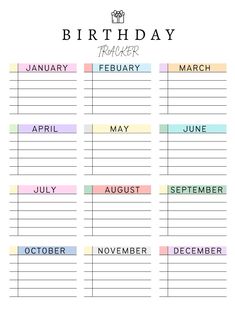 the printable birthday planner is shown in pastel colors and includes months, dates, and