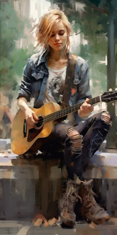 a painting of a woman sitting on a bench with a guitar in her lap and looking down