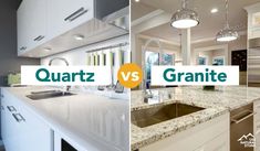 two pictures side by side one has granite and the other has granite counter tops