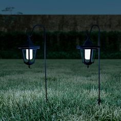 two light poles in the grass at night