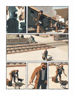 an image of a comic strip with people and dogs on the train tracks in it