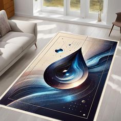 a living room area rug with an abstract painting on the floor and couches in the background