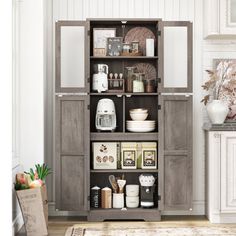 an open bookcase in the corner of a room