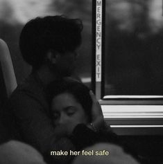 two people sitting next to each other on a bus with the words make her feel safe