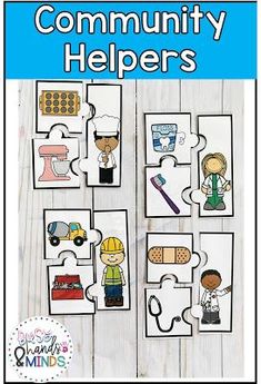 the community helpers puzzle is shown on a wooden table with blue and white background