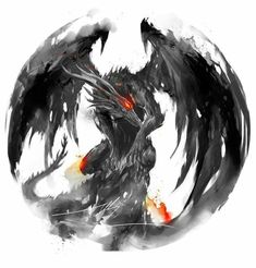 a black and white dragon with red eyes on it's back, sitting in front of