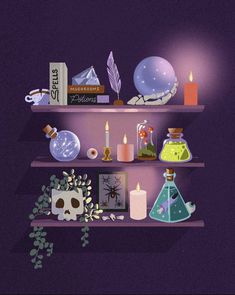 a shelf filled with lots of different types of items on top of each other in front of a purple wall