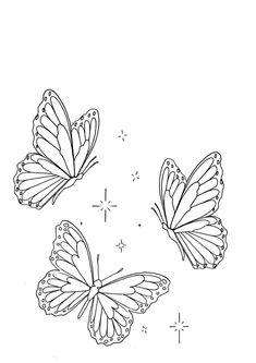 three butterflies flying in the sky with stars around them, one is black and white