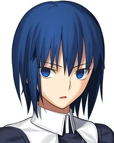 an anime character with blue hair wearing a white collared shirt and black tie, looking at the camera