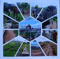 a collage of people and vehicles on a dirt road with grass in the foreground